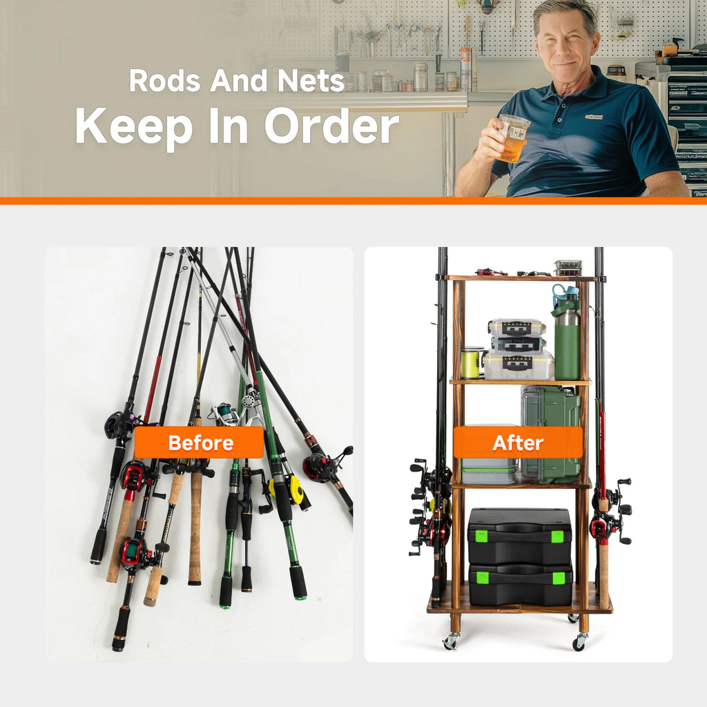Fishing 10 Rods Rack 3 Tier Fishing Storage