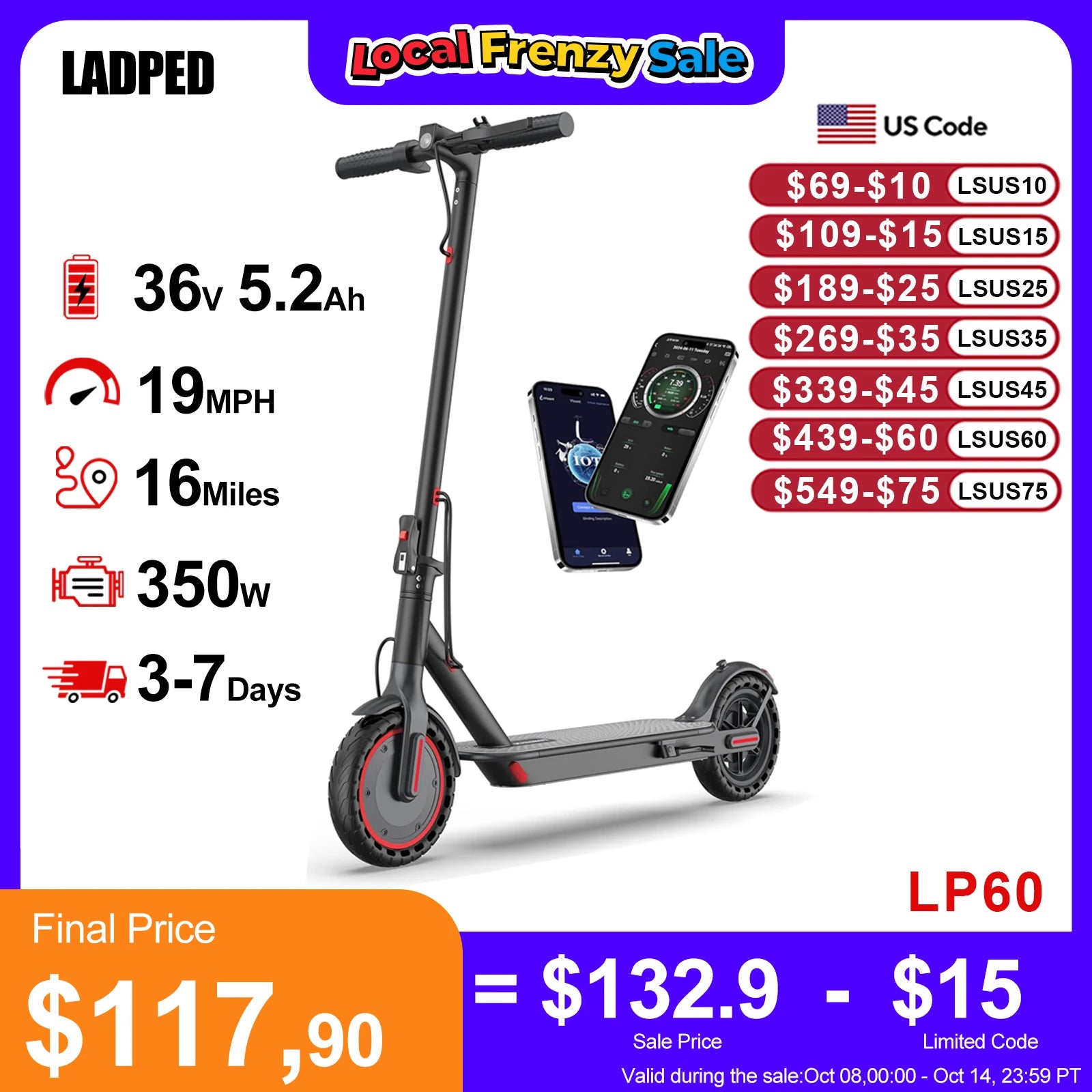 Electric Scooter 350W 19mph APP Smart Control