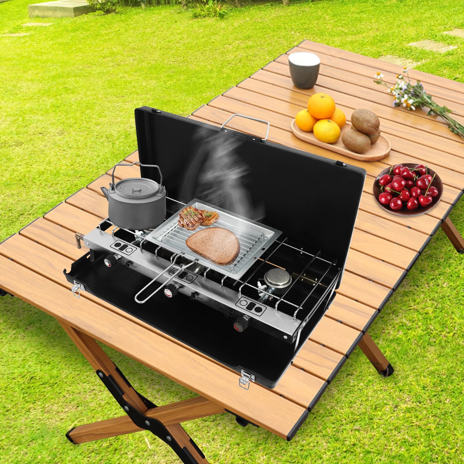 Portable Camping Stove with Griddle 3 Burner
