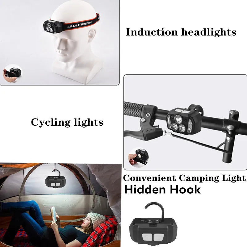 Rechargeable Induction Headlight Led Cyclinglight Flashlight Camping