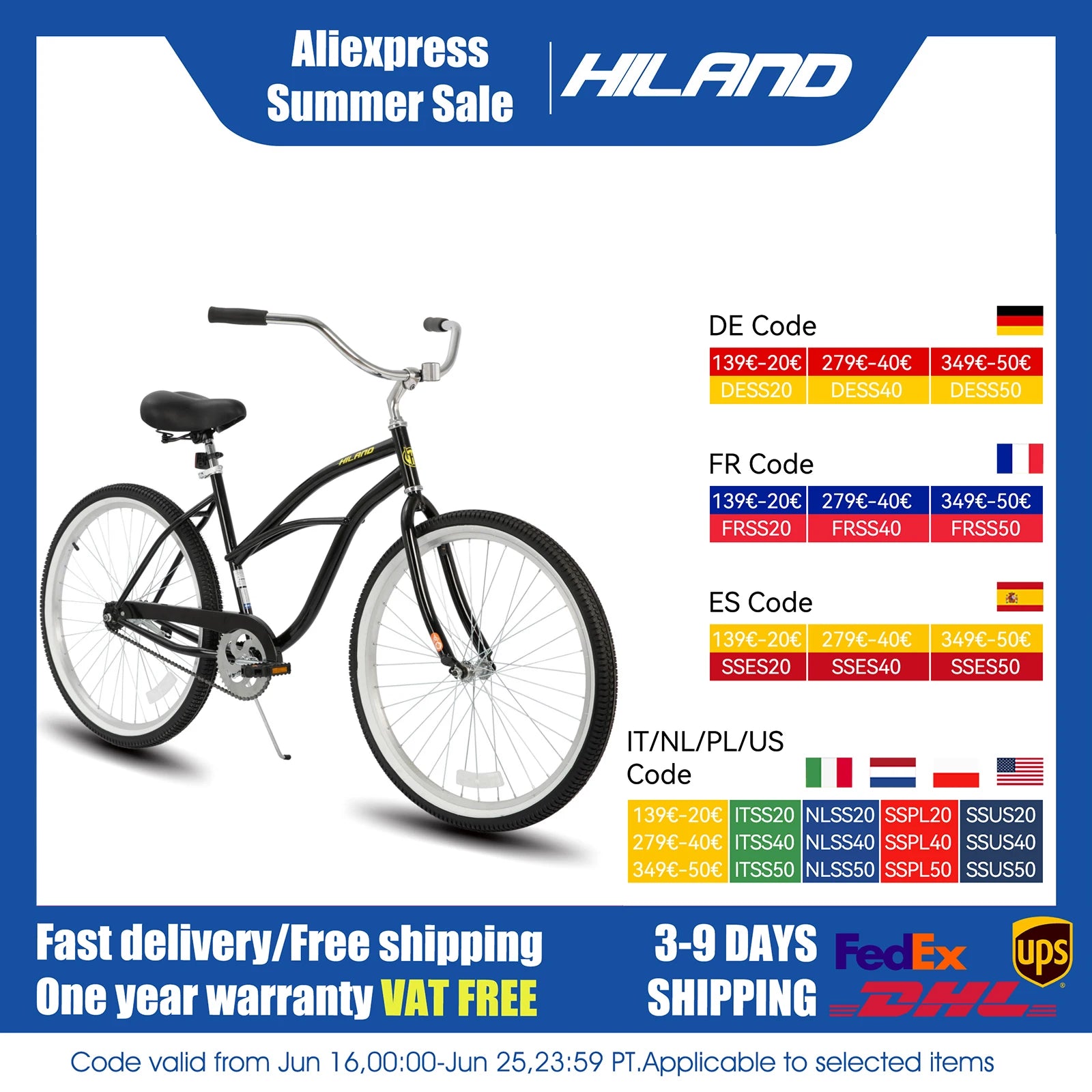 HILAND 26 Inch Womens Beach Cruiser Bike