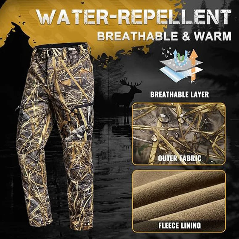Quiet Hunting Pants Softshell Fleece-Lined Camouflage