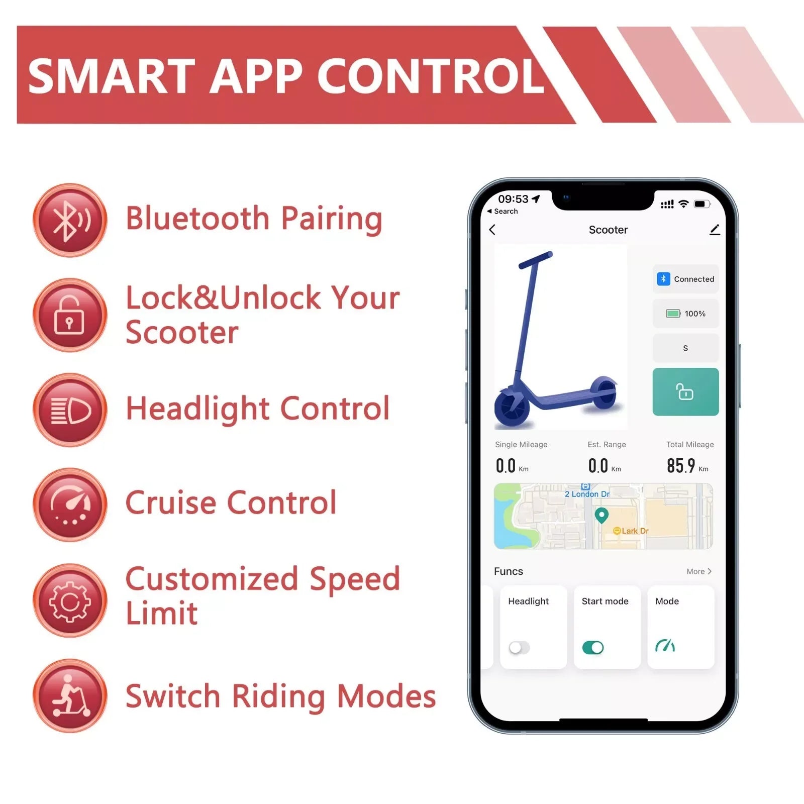 Electric Scooter 350W 19mph APP Smart Scooter